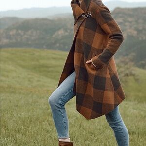Garnet Hill Brown and Black Plaid Wool Coat Asymmetrical